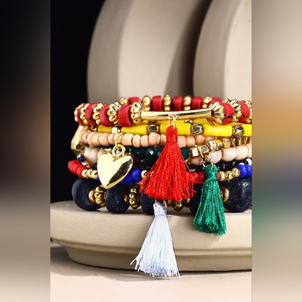 Colorful Bohemian Multi Strand Stretch Bracelet w Golden Heart Charm & Tassels - Picture 3 of 4